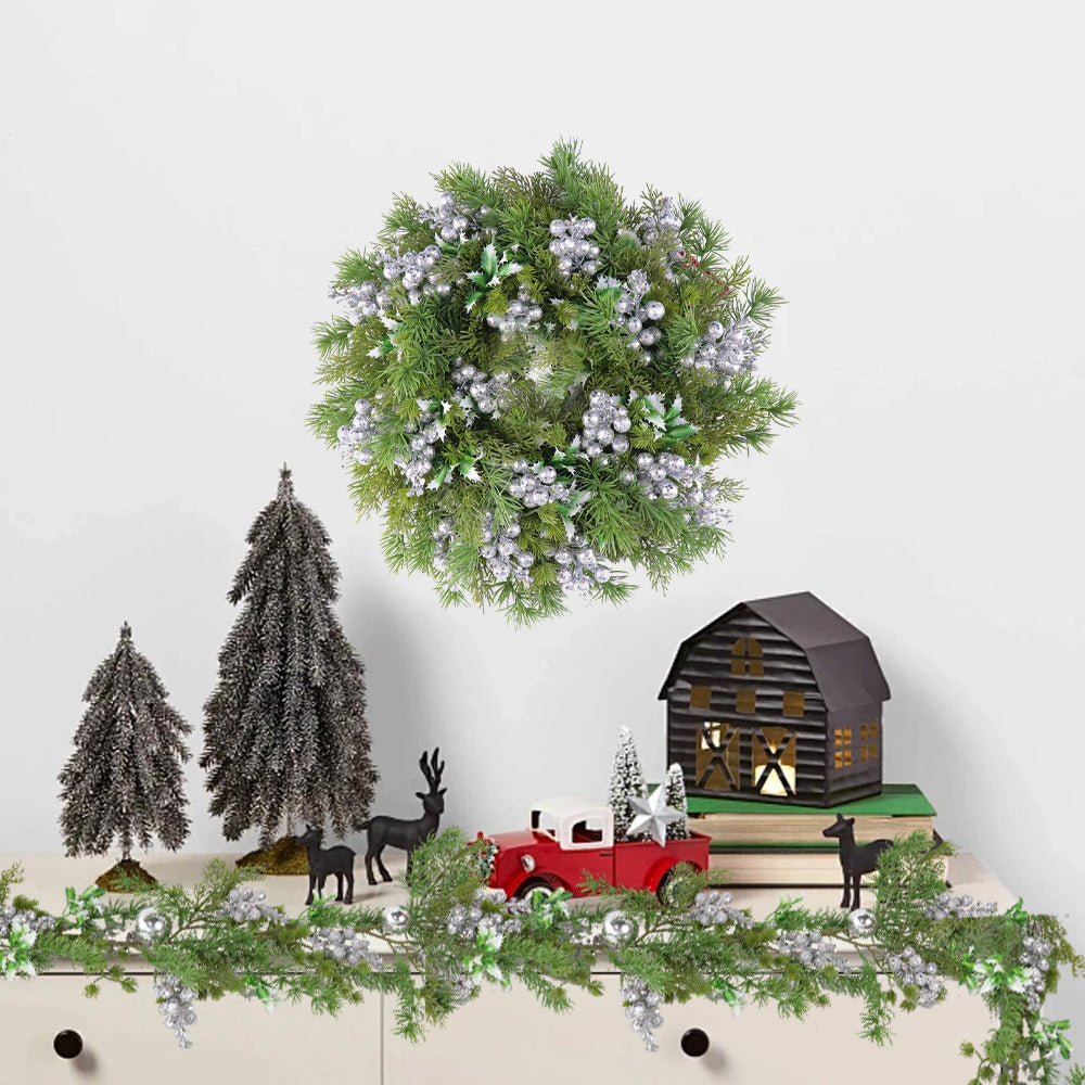 Christmas Wreath & Vine Set, Imitation Frosted Pine Needles with Silver Berries, Suitable for Indoor and Outdoor Fireplace, Door and Wall Holiday Party Decorations