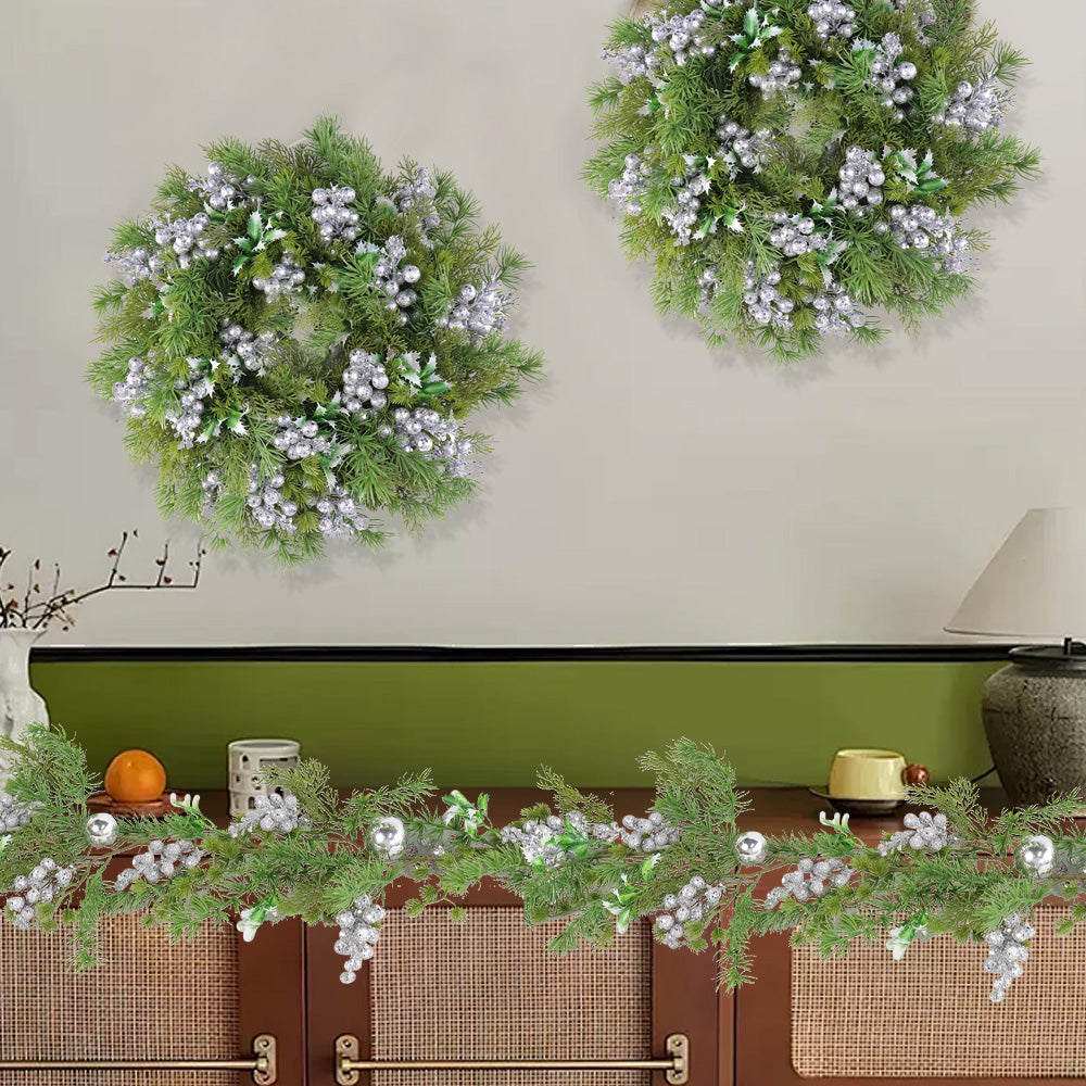 Christmas Wreath & Vine Set, Imitation Frosted Pine Needles with Silver Berries, Suitable for Indoor and Outdoor Fireplace, Door and Wall Holiday Party Decorations