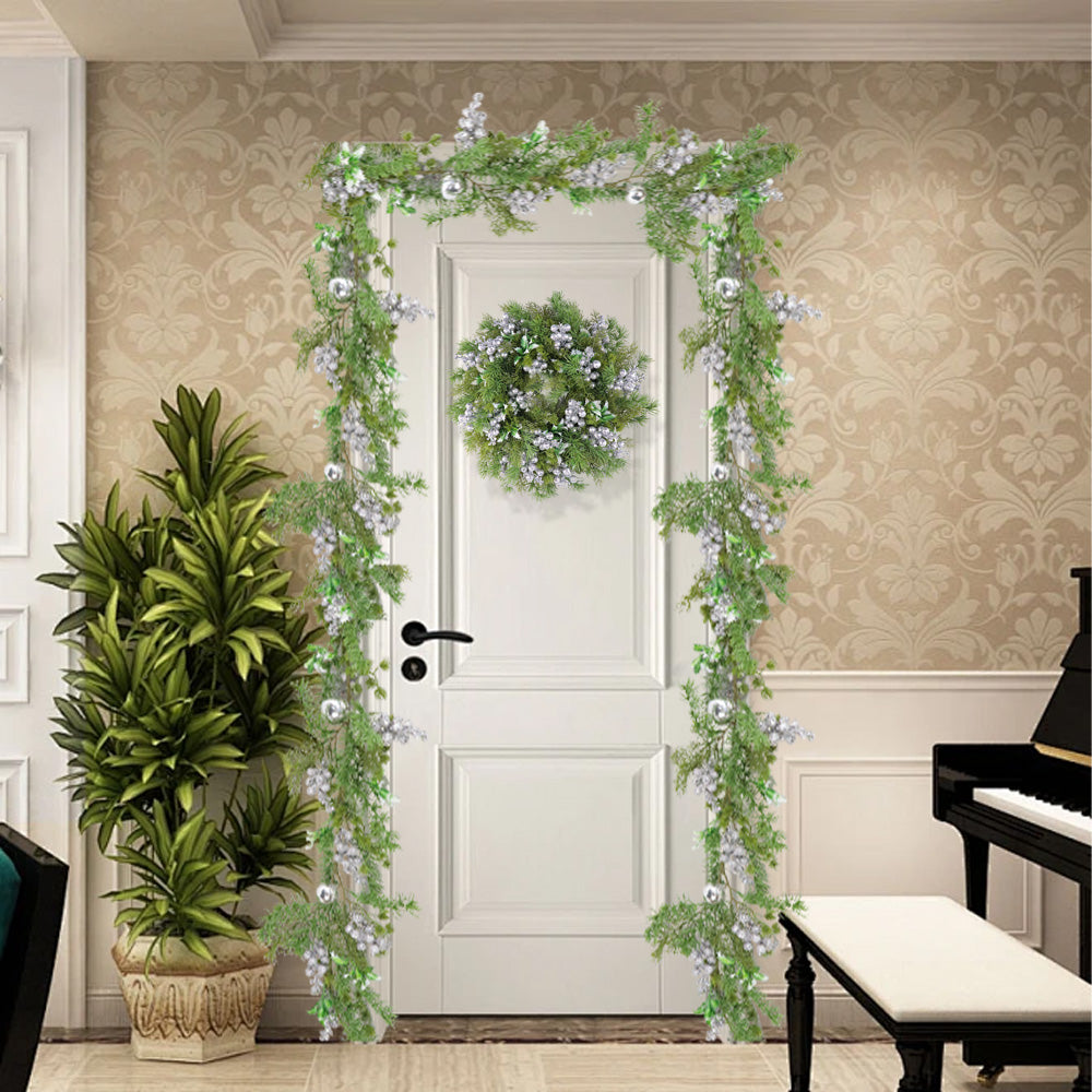 Christmas Wreath & Vine Set, Imitation Frosted Pine Needles with Silver Berries, Suitable for Indoor and Outdoor Fireplace, Door and Wall Holiday Party Decorations