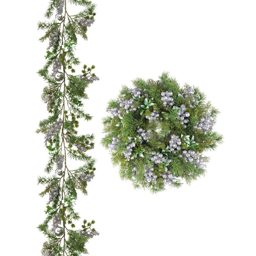 Christmas Wreath & Vine Set, Imitation Frosted Pine Needles with Silver Berries, Suitable for Indoor and Outdoor Fireplace, Door and Wall Holiday Party Decorations
