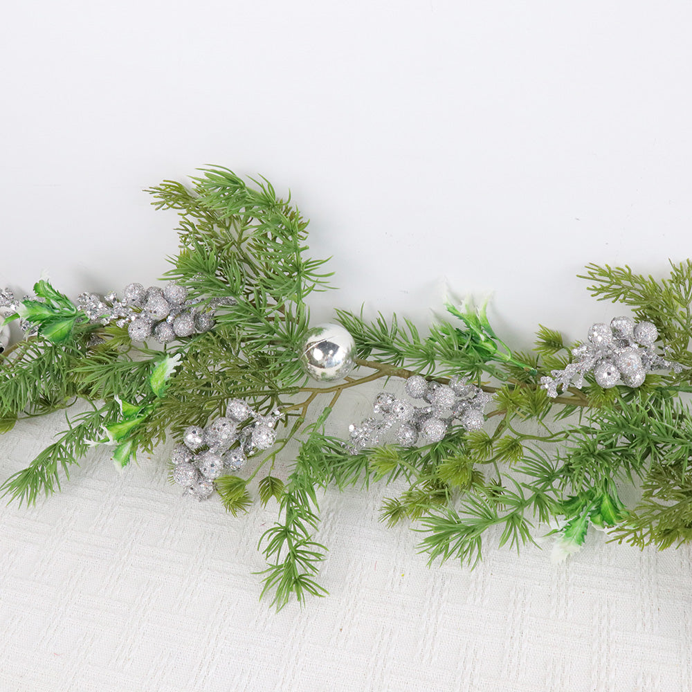 Christmas Wreath & Vine Set, Imitation Frosted Pine Needles with Silver Berries, Suitable for Indoor and Outdoor Fireplace, Door and Wall Holiday Party Decorations